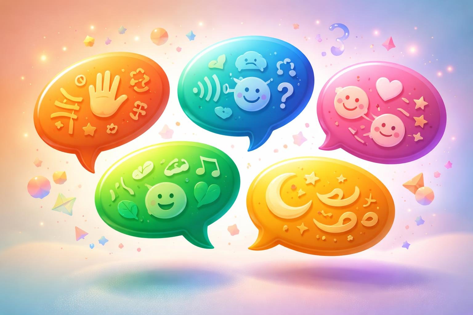 Cinco balões de fala coloridos flutuando no ar, cada um com símbolos abstratos que representam comunicação, em um fundo com tons suaves que sugerem conexão global.