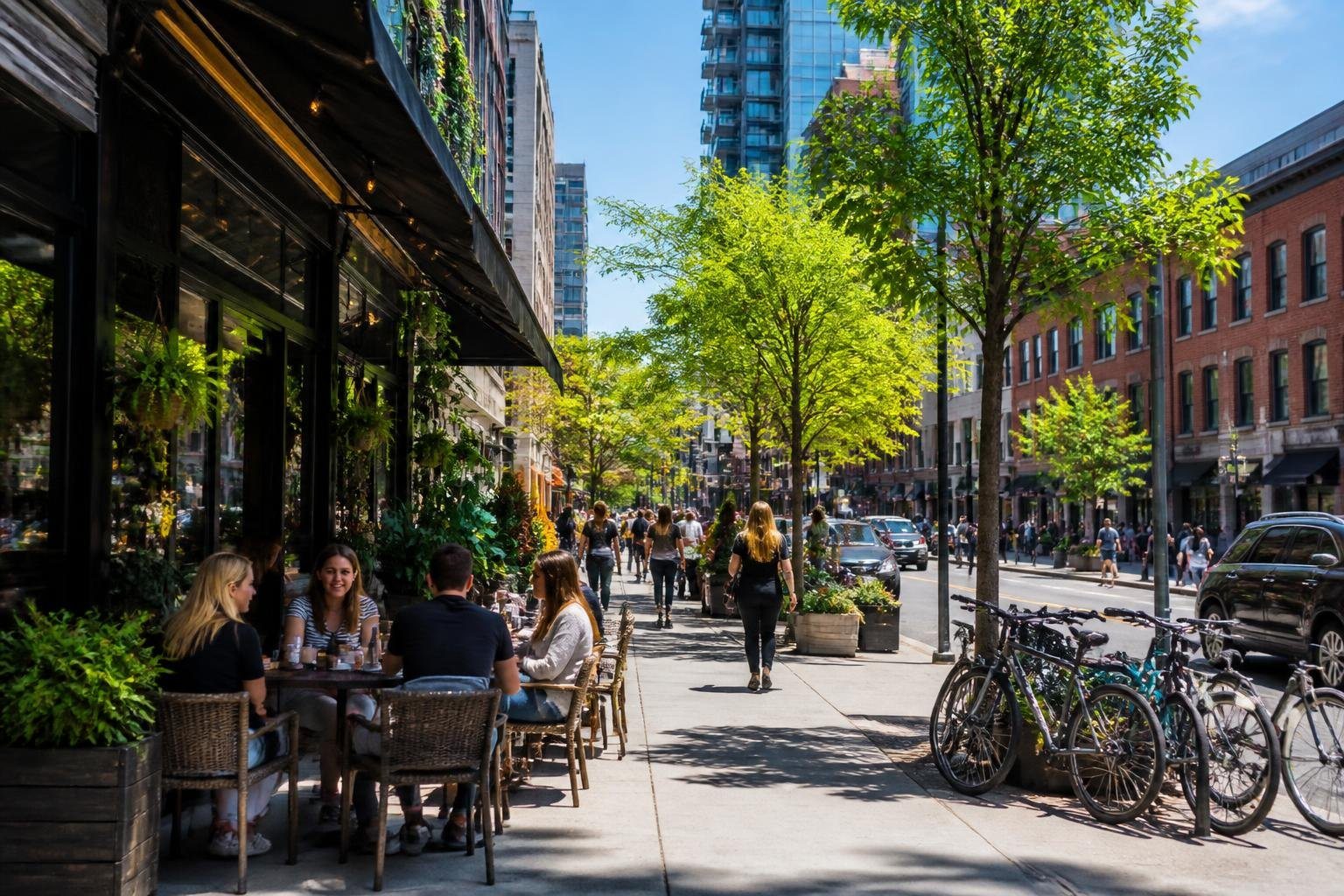 Uma cena urbana com prédios modernos, pessoas caminhando nas calçadas, cafés com mesas ao ar livre e árvores ao longo da rua em um dia ensolarado.
