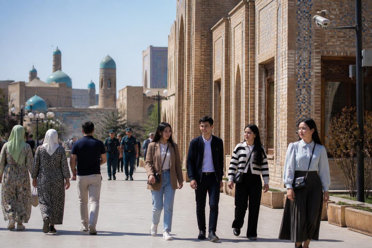 Rua movimentada e segura em uma cidade do Uzbequistão com pessoas caminhando tranquilamente e prédios tradicionais ao fundo.