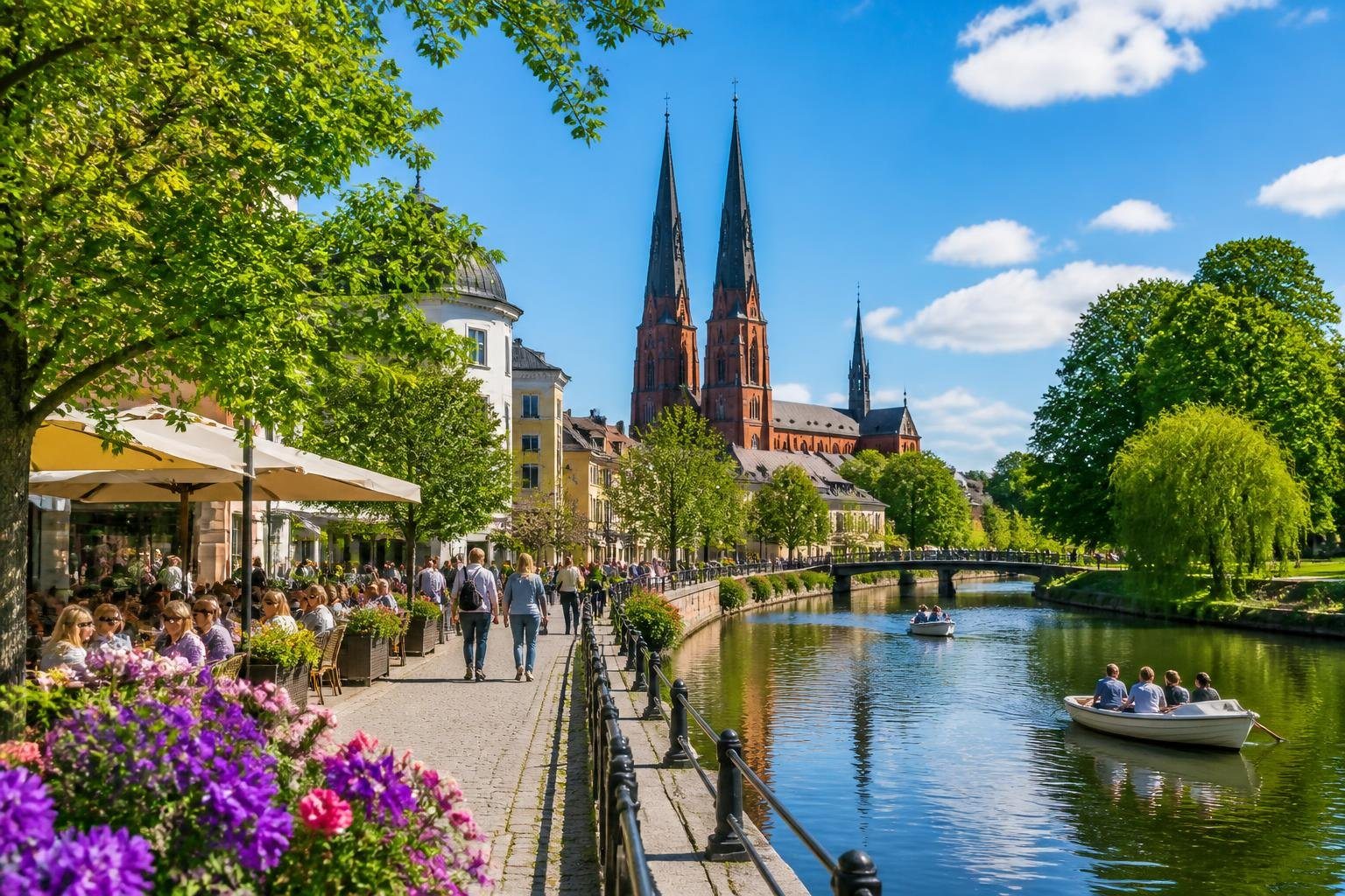 Vista do centro de Uppsala com a catedral ao fundo, pessoas caminhando perto do rio Fyris e árvores verdes ao redor.