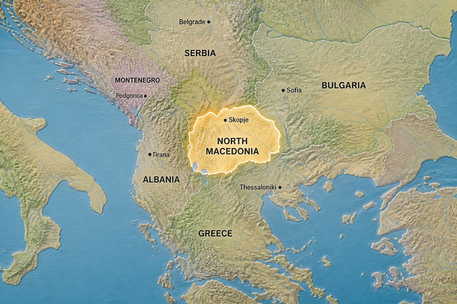 Mapa detalhado da Península Balcânica destacando a Macedônia do Norte e seus países vizinhos.