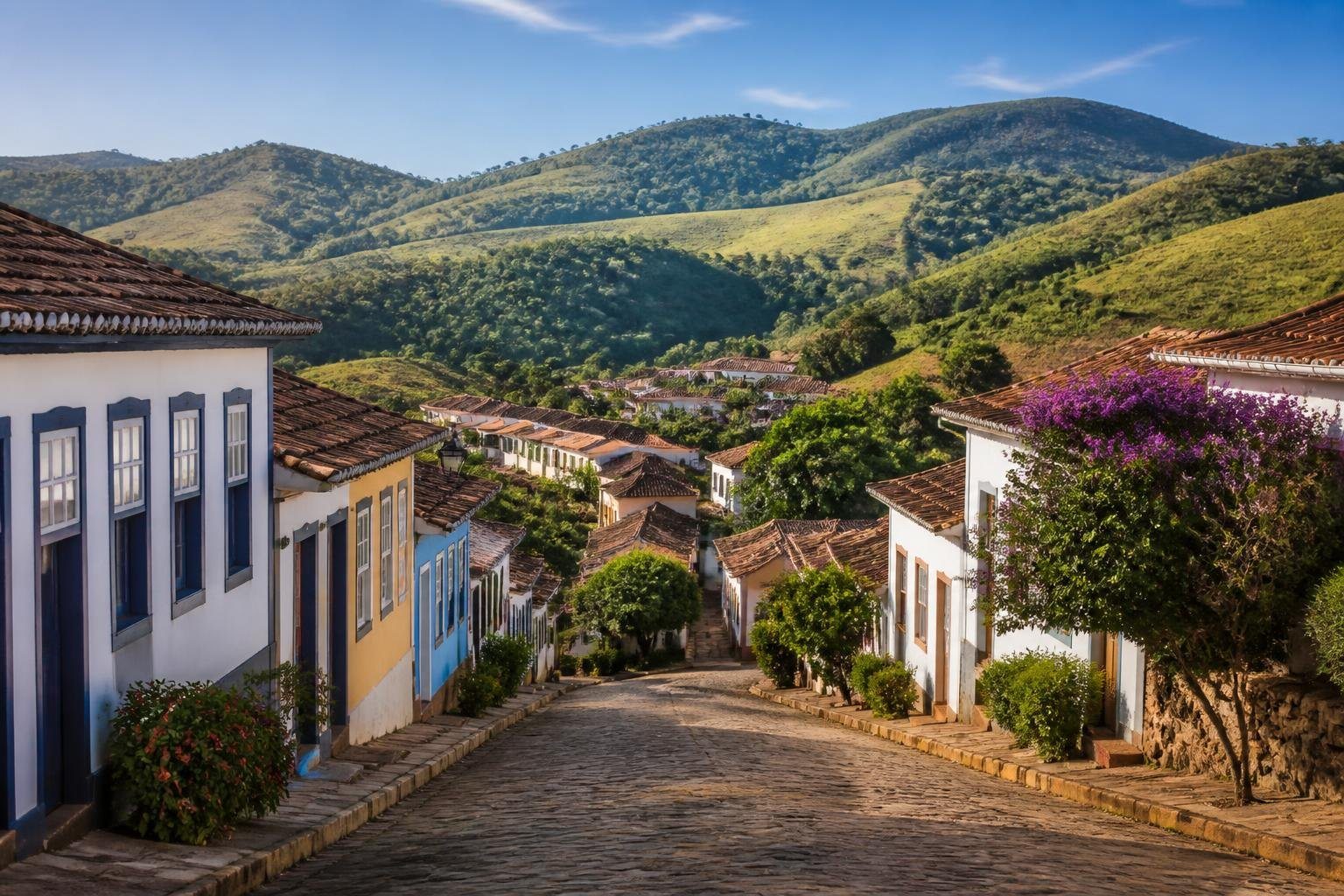 Vista panorâmica da cidade de Santana dos Montes com casas coloniais, colinas verdes e céu claro.