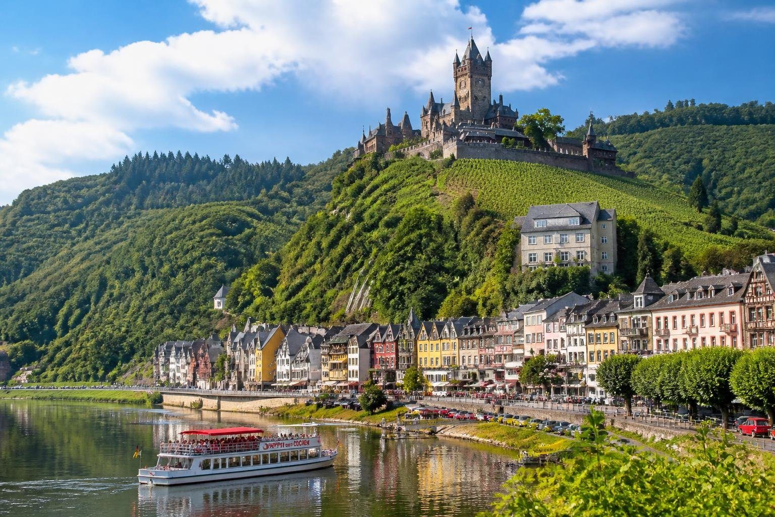 Vista do castelo Reichsburg em Cochem, Alemanha, com casas coloridas, vinhedos verdes e rio Mosela ao fundo.