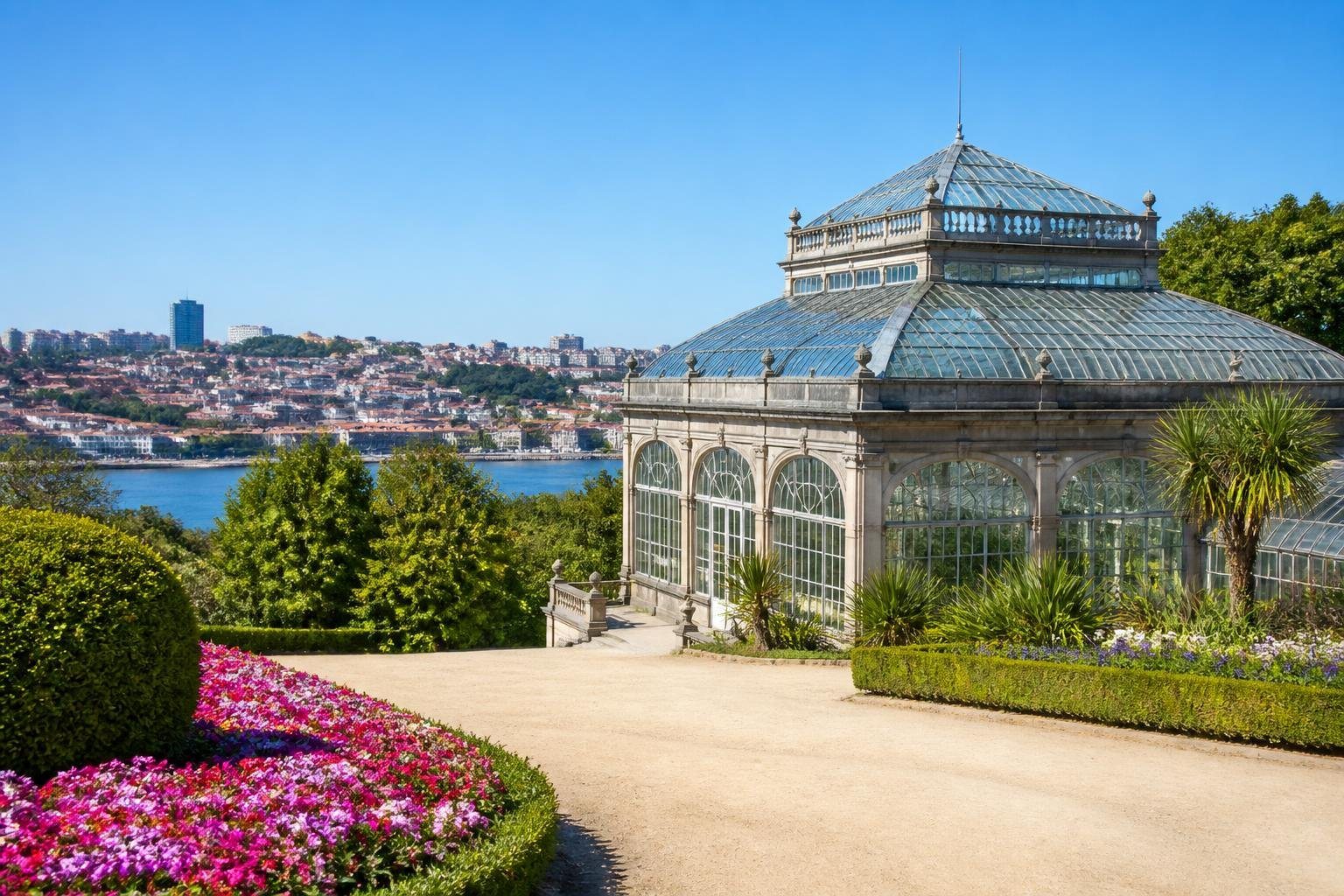 Palácio de Cristal em Porto rodeado por jardins verdes e flores coloridas, com o céu azul ao fundo.
