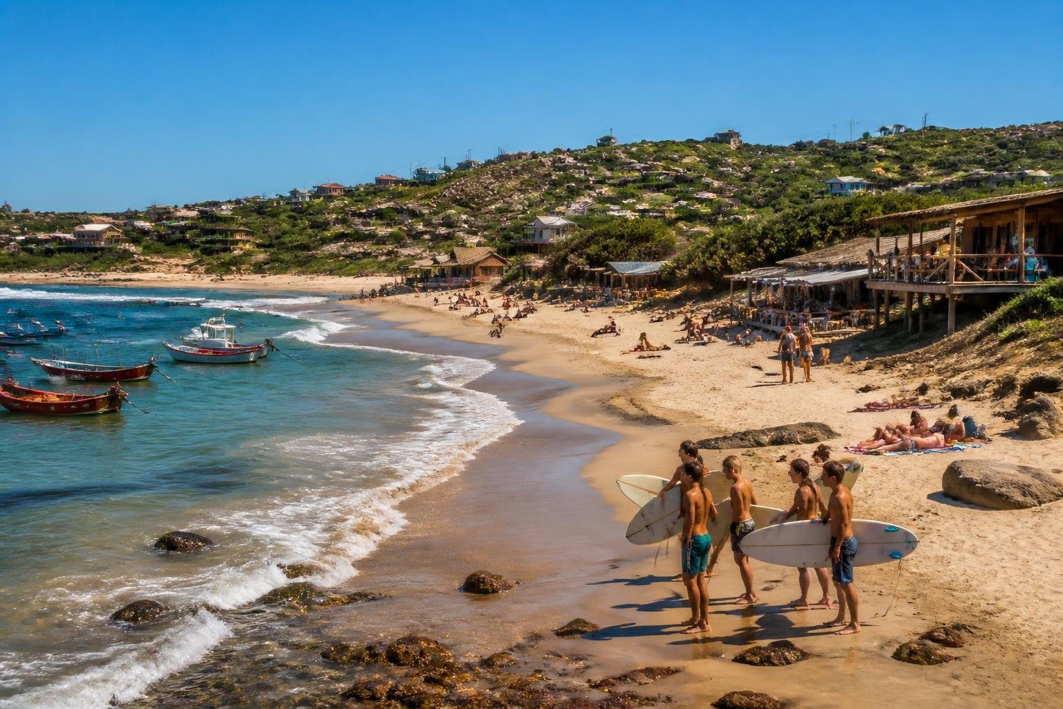 Praia de Punta del Diablo com pessoas surfando, barcos coloridos ancorados e cabanas rústicas ao fundo sob céu azul.