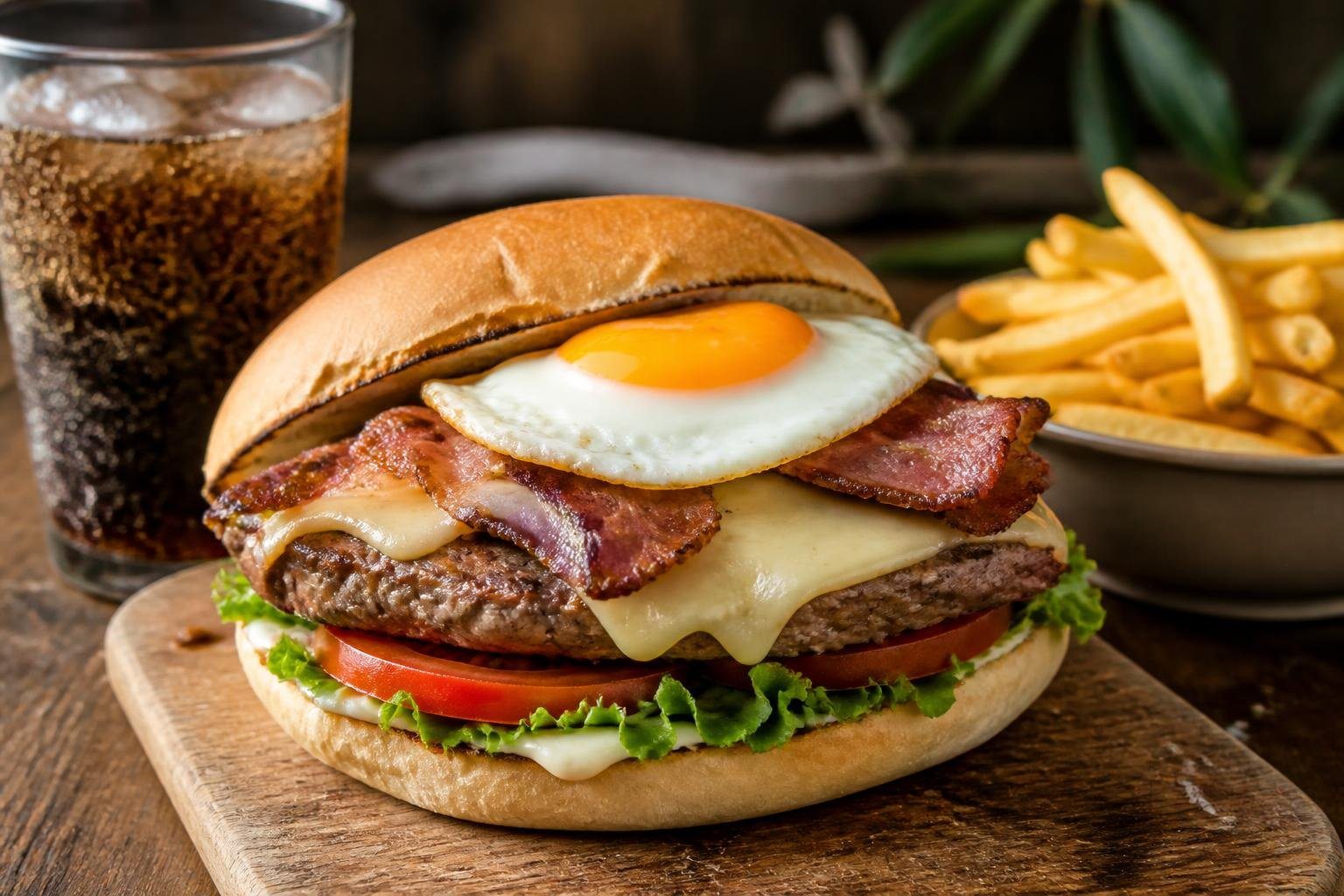 Sanduíche chivito com carne grelhada, queijo, bacon, alface, tomate e ovo frito em um pão, acompanhado de batatas fritas e um copo de refrigerante sobre uma mesa de madeira.