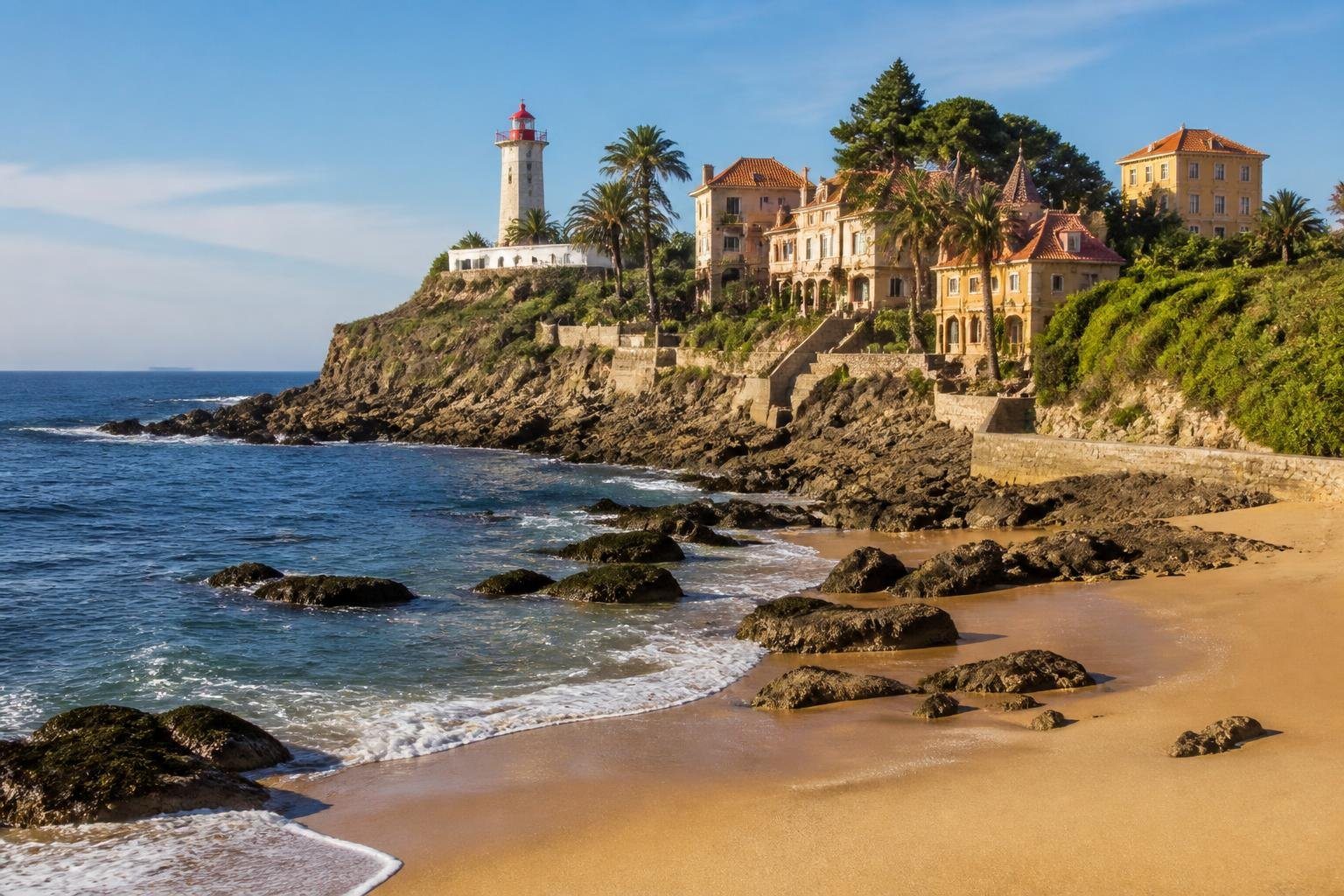 Vista da costa de Foz do Douro com praia, ondas suaves, formações rochosas, farol em um penhasco e edifícios históricos ao fundo.