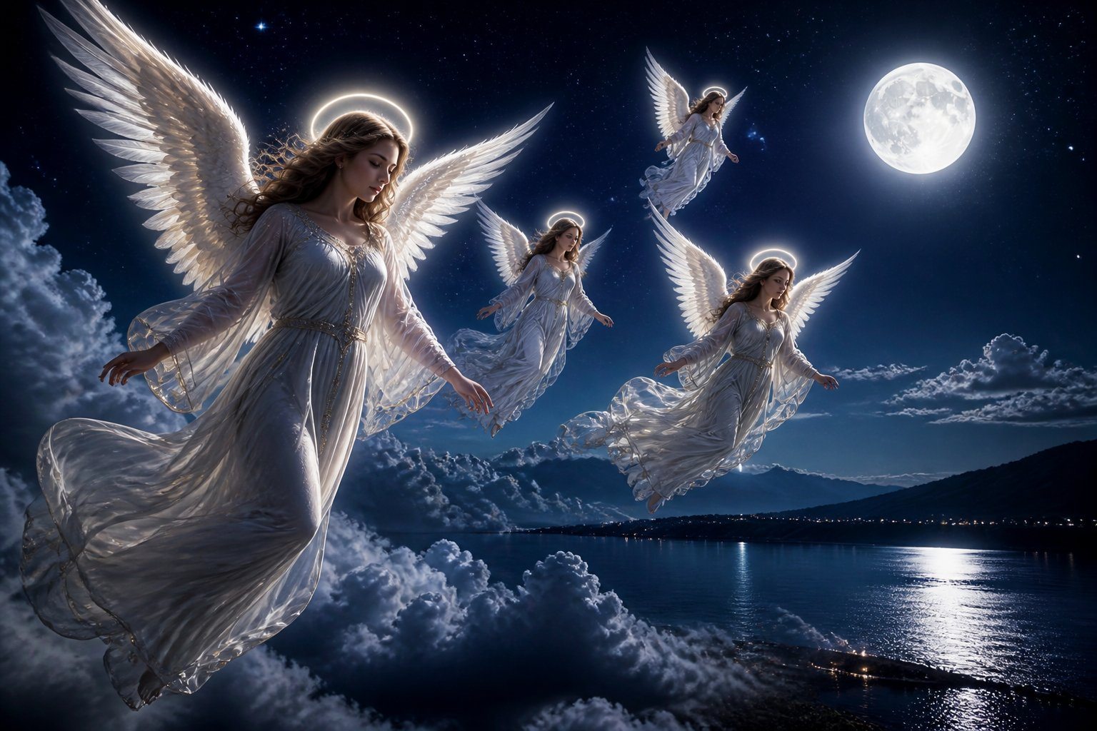 Anjos flutuando suavemente sobre uma paisagem noturna iluminada pela lua cheia e estrelas, com asas brilhantes e roupas esvoaçantes.