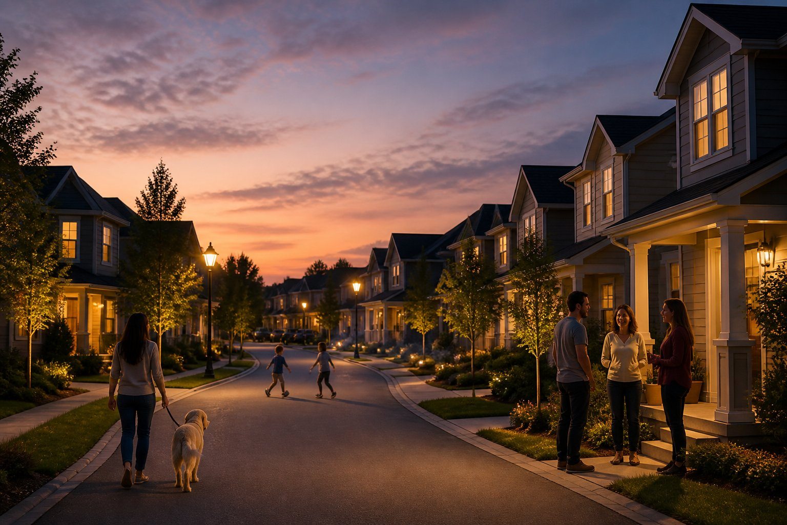Rua tranquila de um bairro residencial ao anoitecer com casas modernas, pessoas caminhando e jardins bem cuidados.
