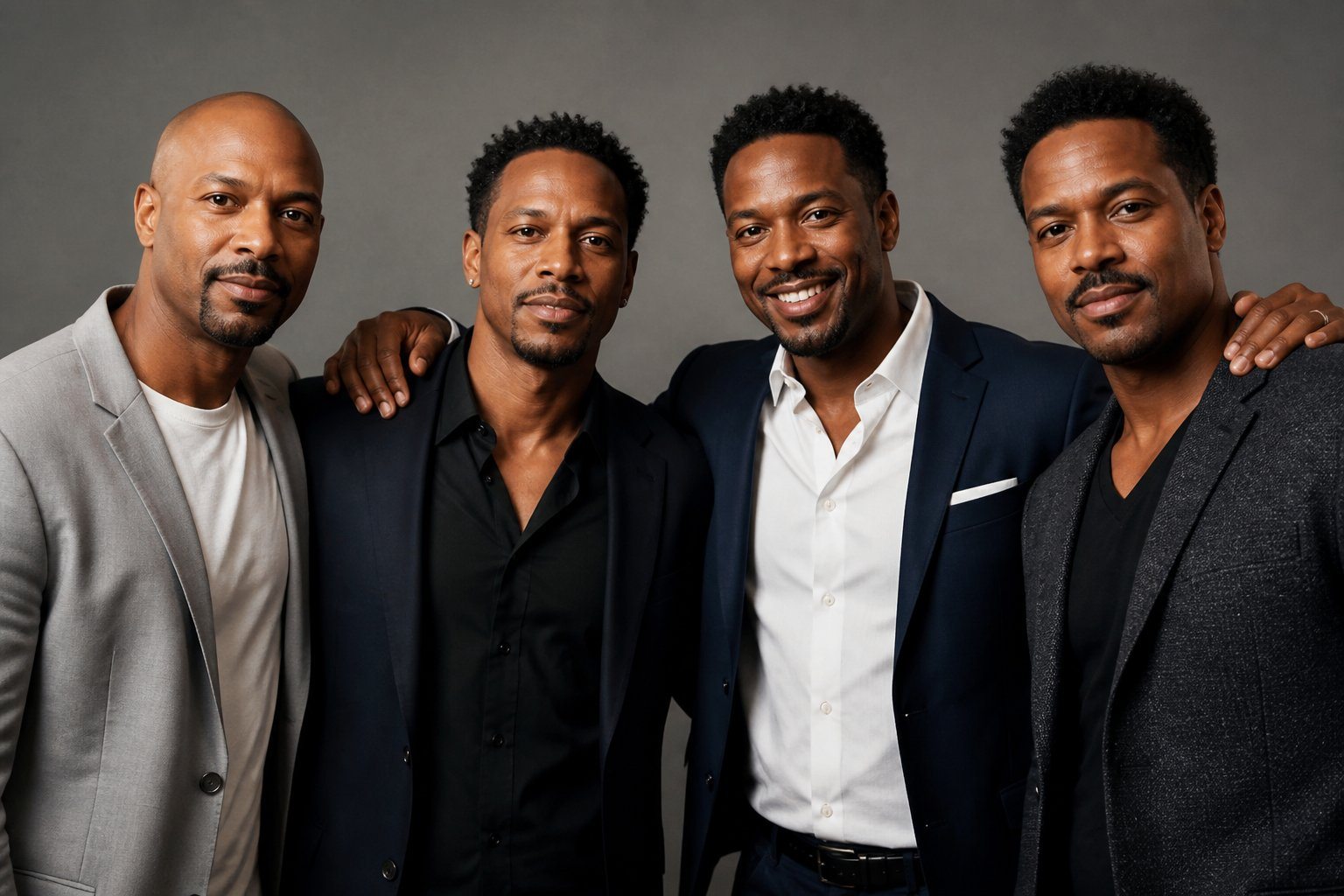 Quatro homens adultos afro-americanos em pé juntos, sorrindo e vestidos de forma casual elegante, posando para uma foto de grupo.