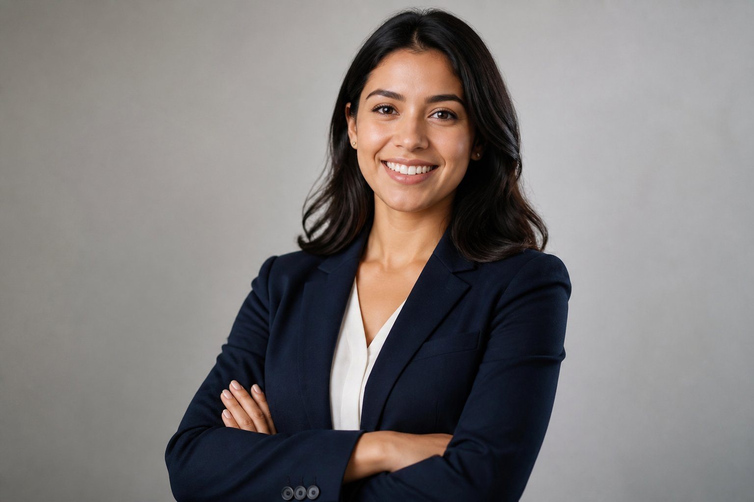 Mulher jovem latina em pé com expressão confiante e sorriso leve, vestindo roupa profissional, sobre fundo neutro.