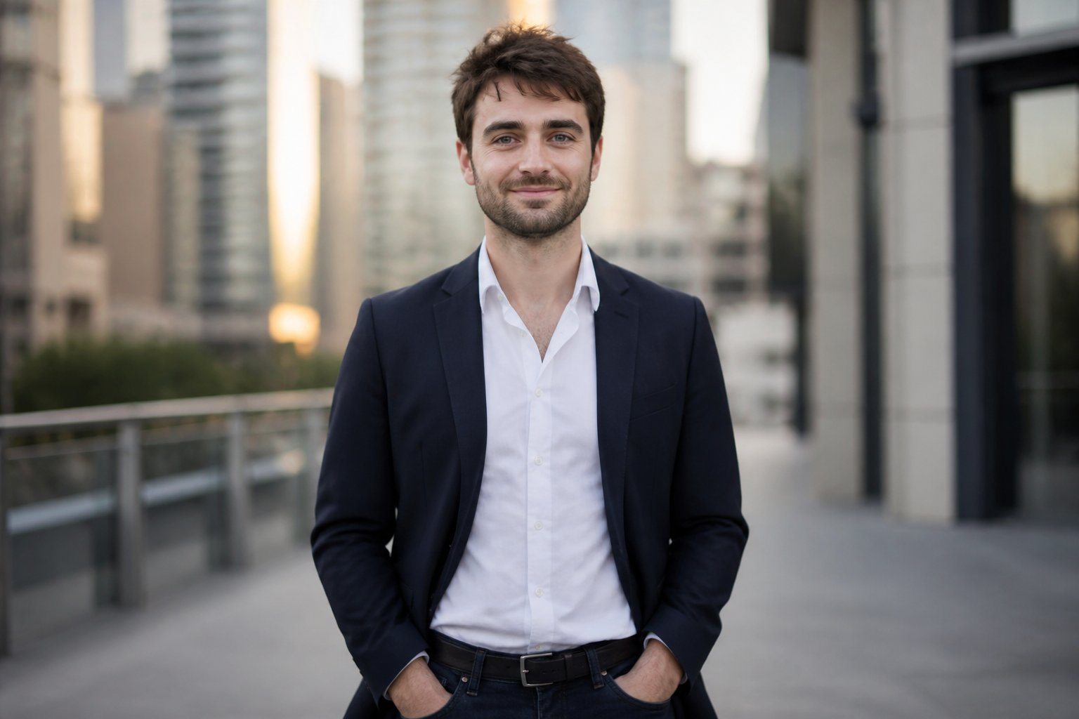 Homem de altura média com cabelo castanho escuro, vestido casual elegante, sorrindo em ambiente urbano moderno.
