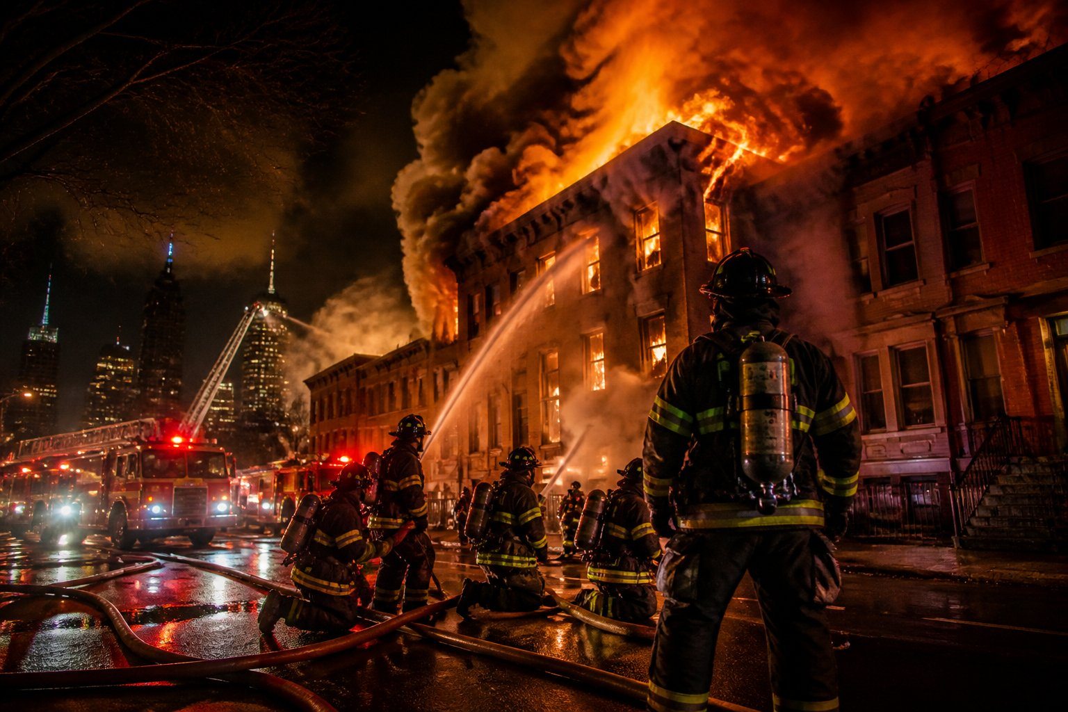 Bombeiros combatendo um grande incêndio em um prédio urbano à noite em Chicago.