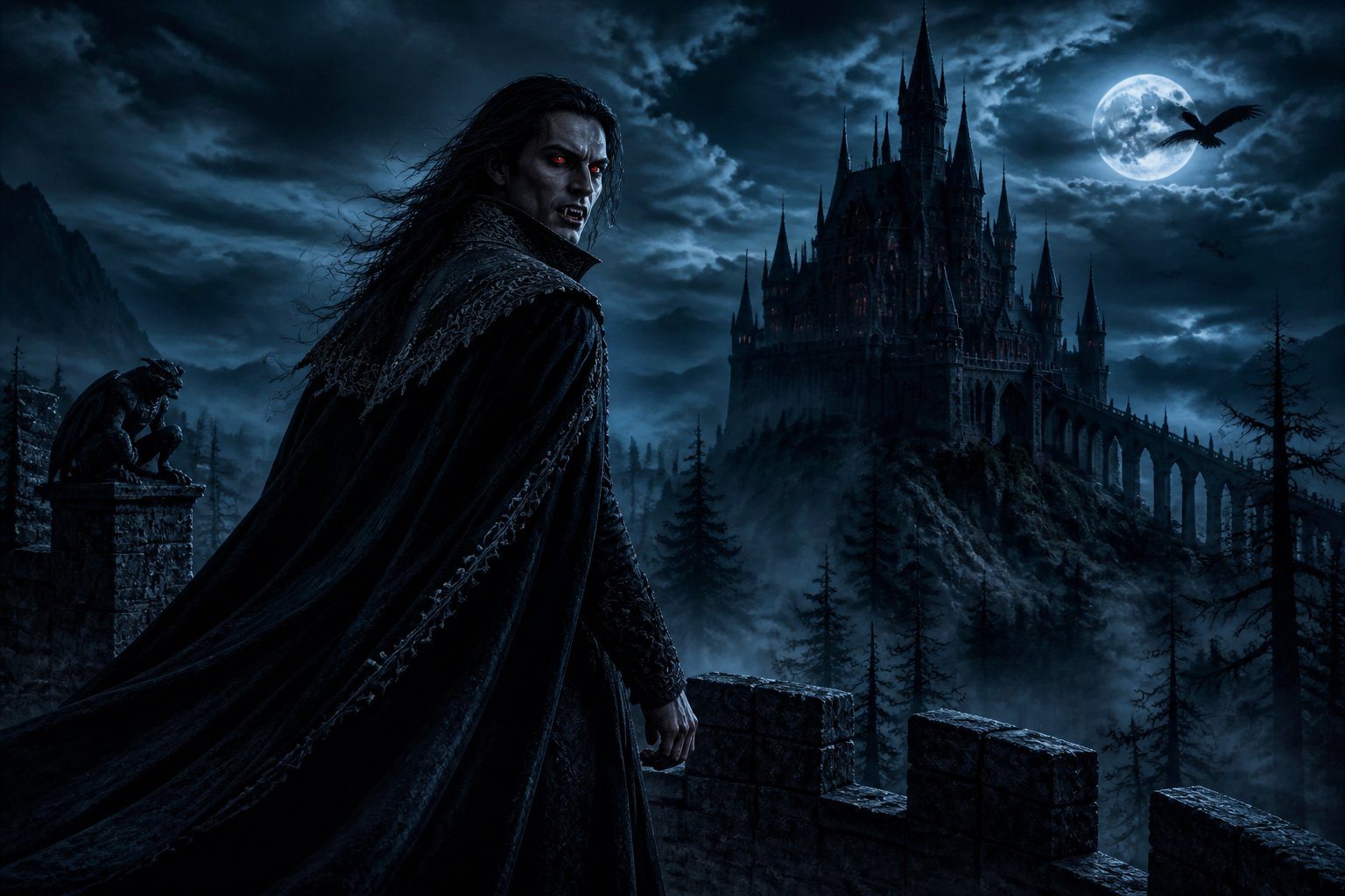 Um vampiro poderoso em um castelo gótico à noite, com uma lua cheia no céu e névoa ao redor.
