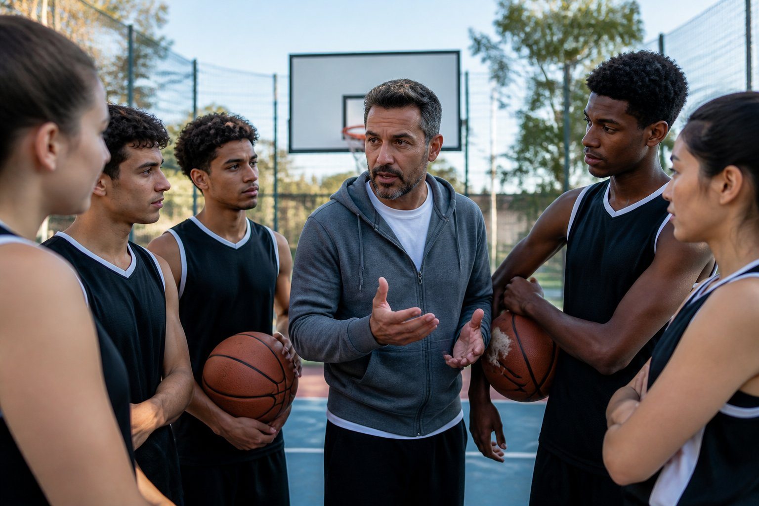 Um treinador de basquete falando com seus jogadores jovens em uma quadra ao ar livre, todos atentos e motivados.