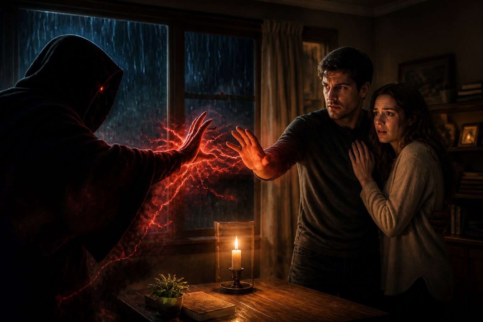 Cena de um casal jovem em casa à noite, protegendo-se de uma figura sombria e ameaçadora que lança um feitiço.